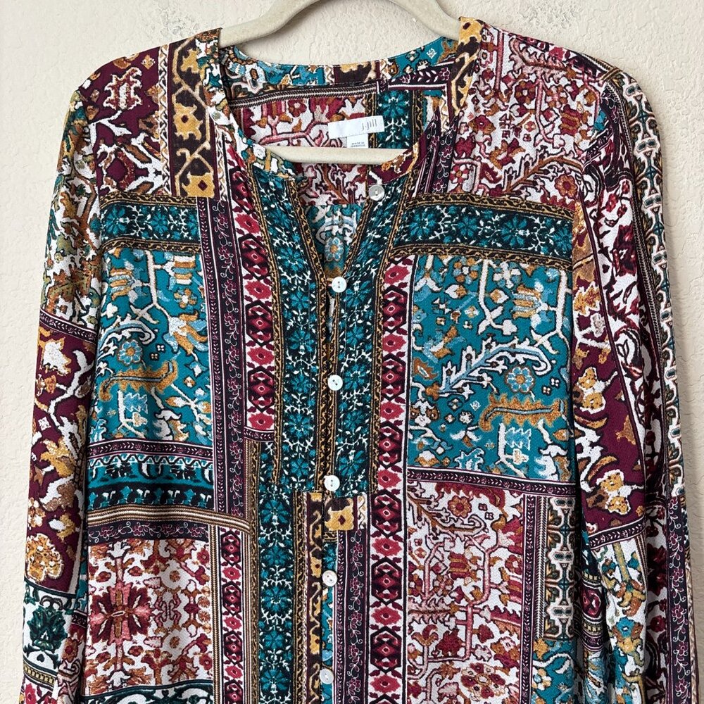 J. Jill Boho Patchwork Print Button Up Longline T… - image 4
